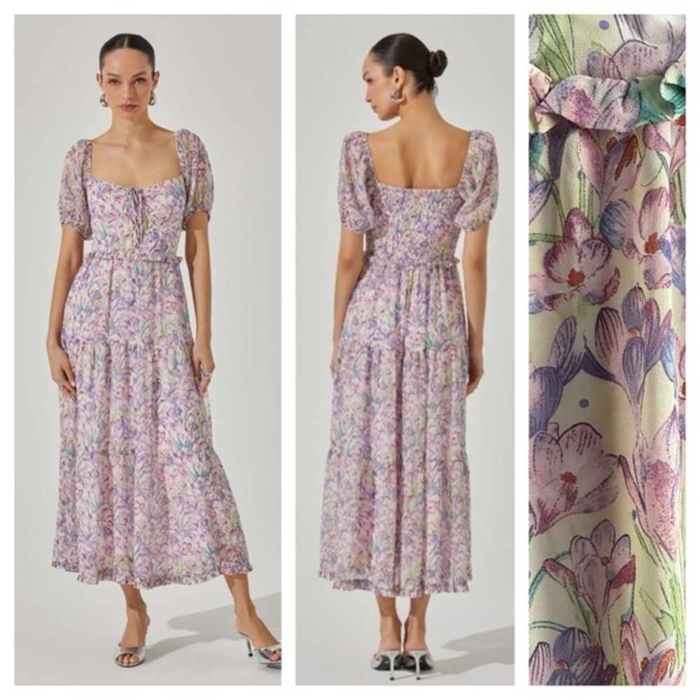 ASTR Floral Puff-Sleeve Midi Dress in Lavender and Cream